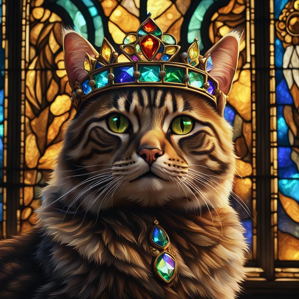 Crowned Tabby Cat Portrait in Front of Stained Glass