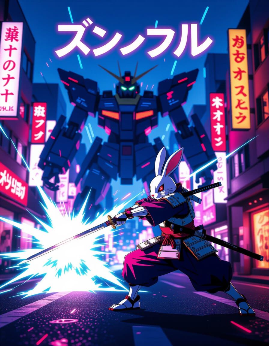 Cyberpunk Rabbit Samurai vs. Giant Mecha in Tokyo