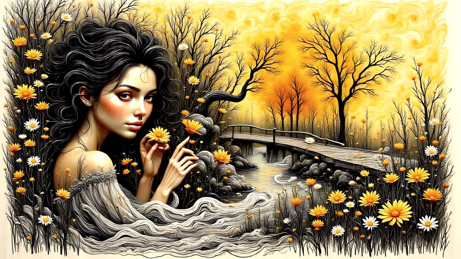 Golden Chromatic Solar Art with Bold Black Lines