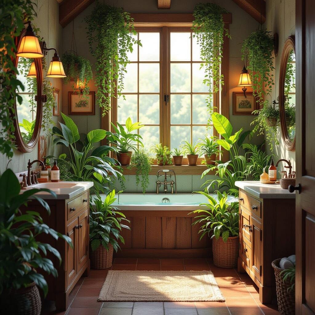 Cozy Rustic Bathroom Oasis with Lush Plants