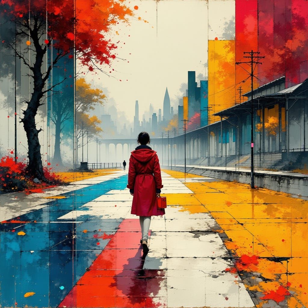 Kaleidoscopic Cityscape with Woman on Glass Bridge