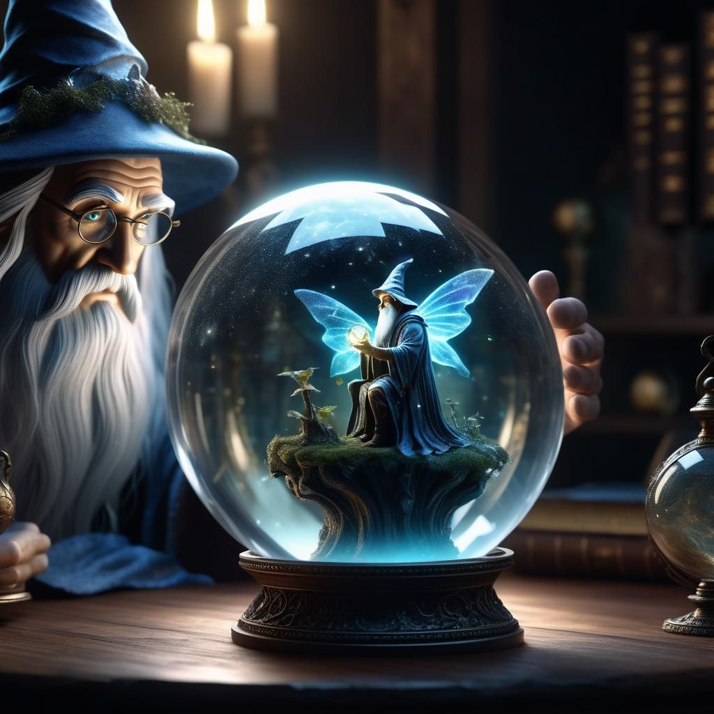 a wizard looking into a clear glass globe with a magical fai...