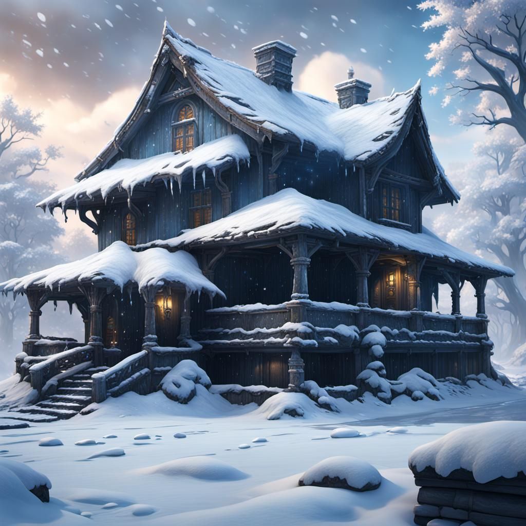 Snow Covered House in Blizzard: Detailed Matte Painting