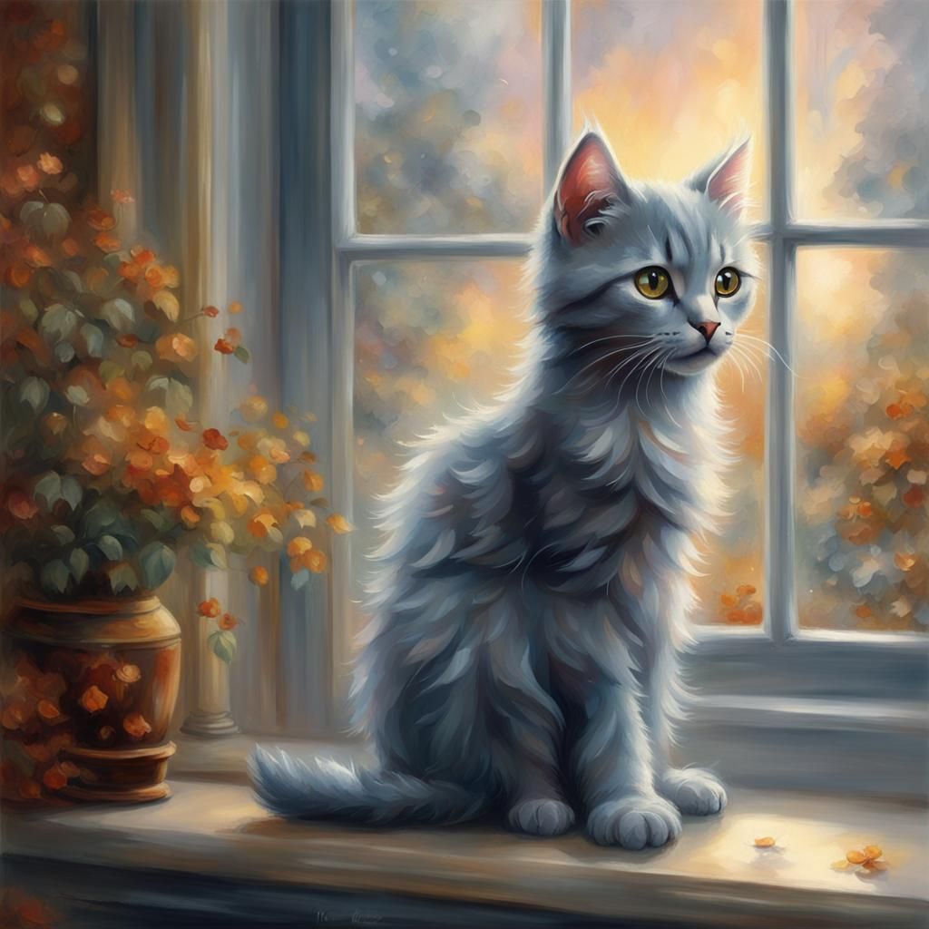 Amber-Eyed Kitten in Ethereal Fantasy Home