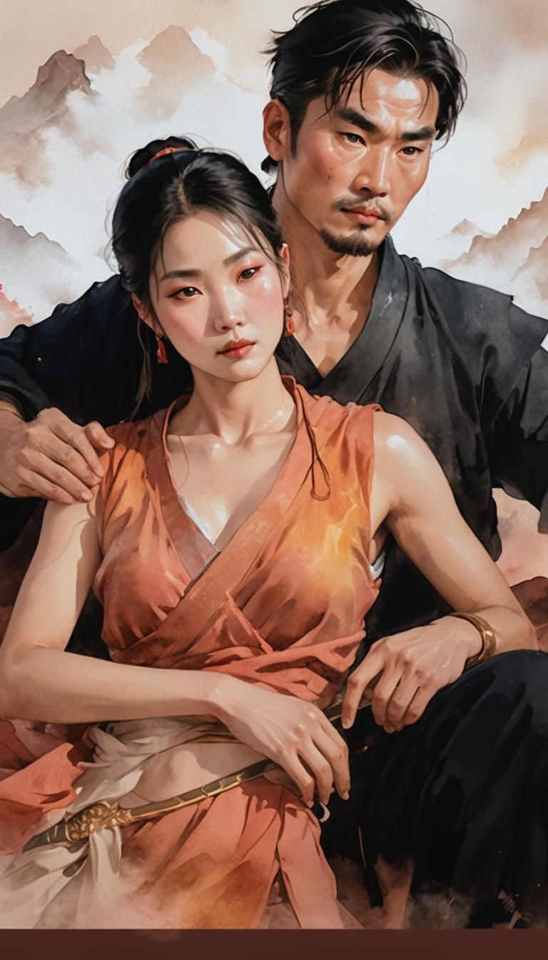 Mystic Warrior on Mist-Shrouded Mountain in Watercolor