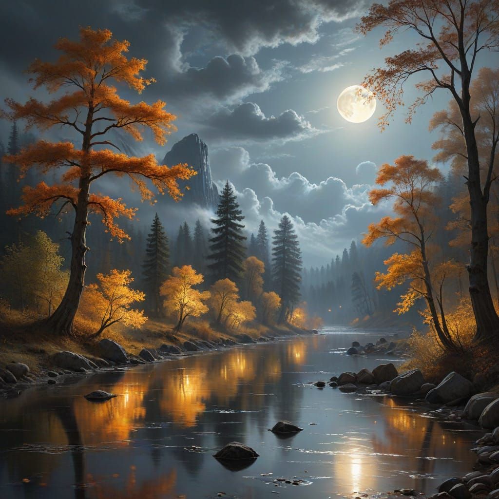 Autumnal River Scene with Majestic Trees and Full Moon