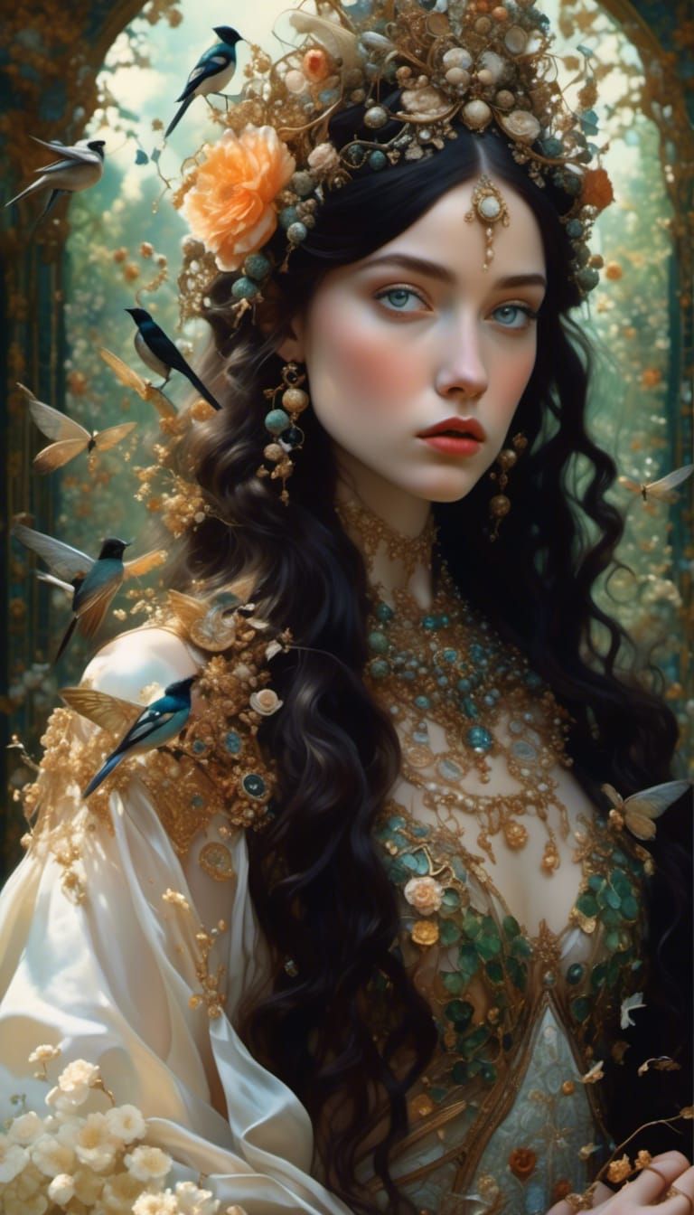 Magpie Goddess in Floral Meadow: Detailed Portrait