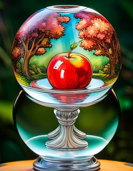 Glass Apple Orb with Miniature Orchard, Art Nouveau Style