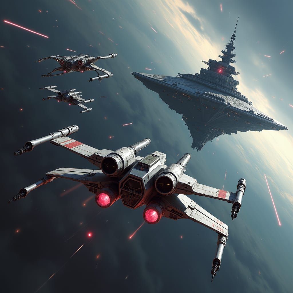 Starfighters Fleeing Battle Station in Hyperspace