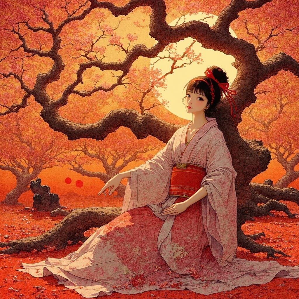 Serene Yoroboshi Woman in Blossoming Cherry Blossom Trees