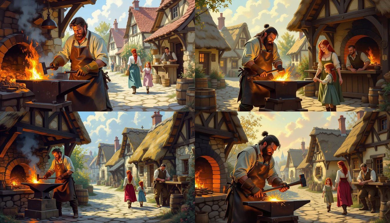 Blacksmith at Forge in Quaint Village, Oil Painting