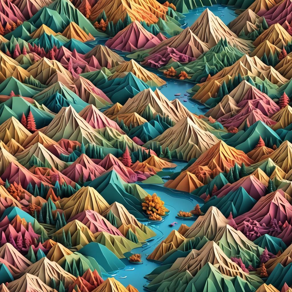 Paper Art Mountains and River in 8k Resolution
