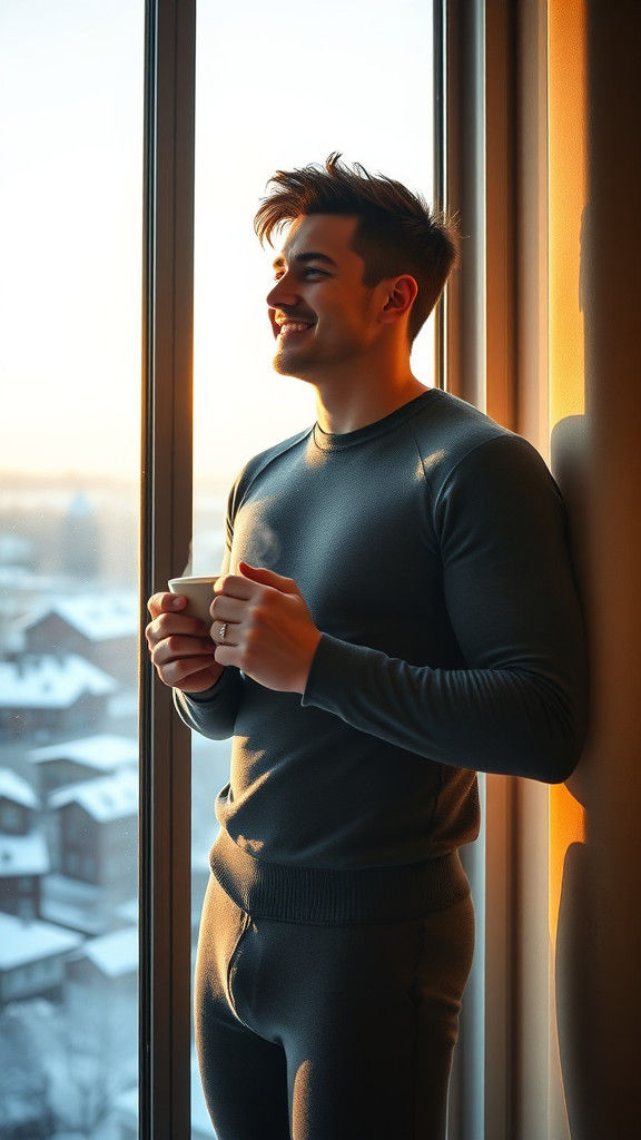 Man Gazing at Snowy Town with Coffee