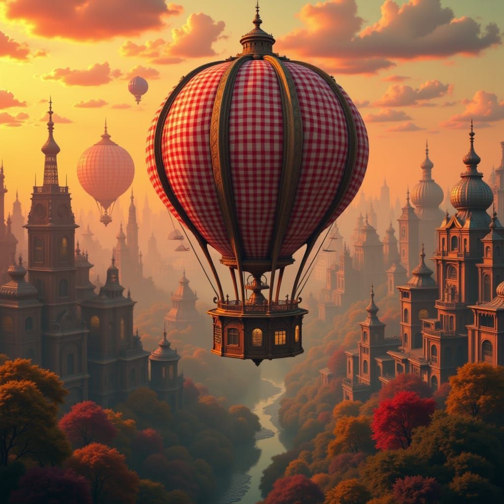 Gingham Zeppelin Over Steampunk Cityscape