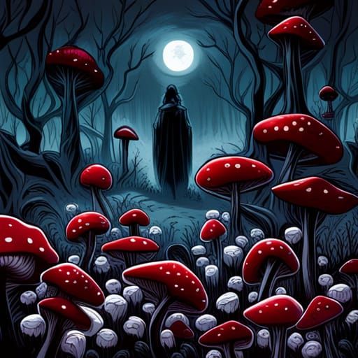 Gothic Victorian Garden with Crimson Mushrooms