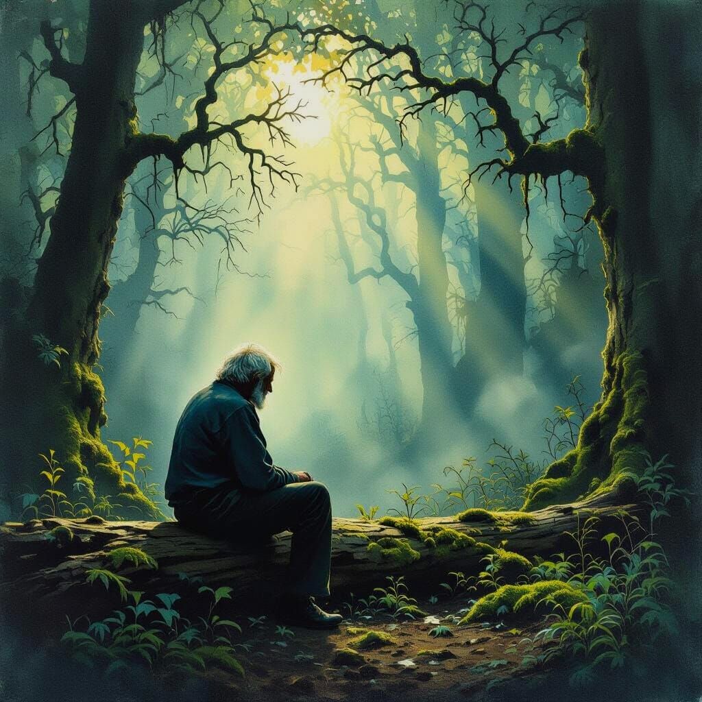 Old Man Contemplating in Misty Forest
