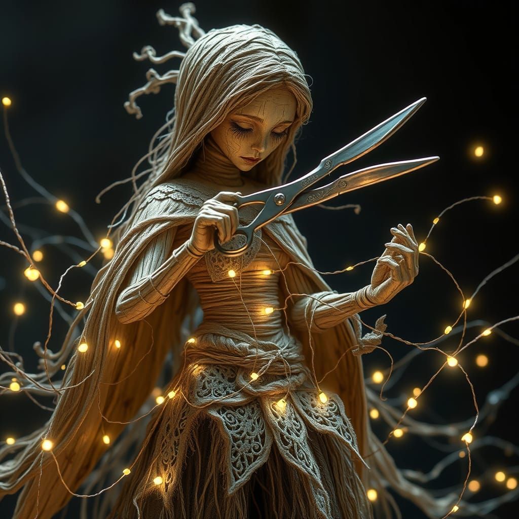 Wooden Spool Goddess Cuts Fate's Threads in Ethereal Style