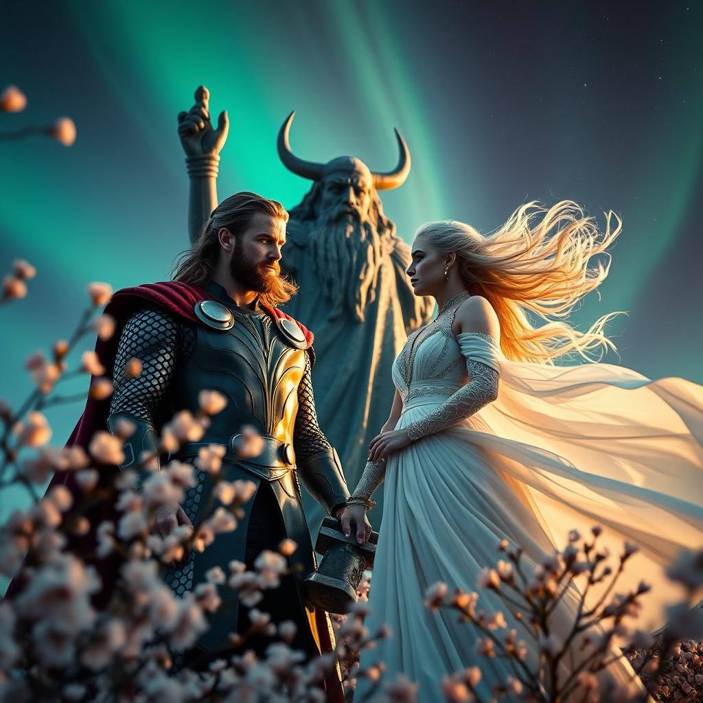 Thor and Daenerys in Cherry Blossom Field
