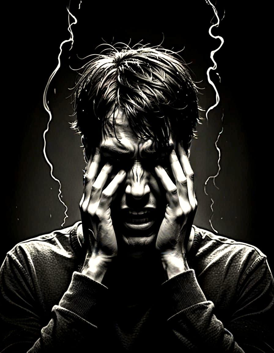Man Consumed by Inner Turmoil in a Darkened World