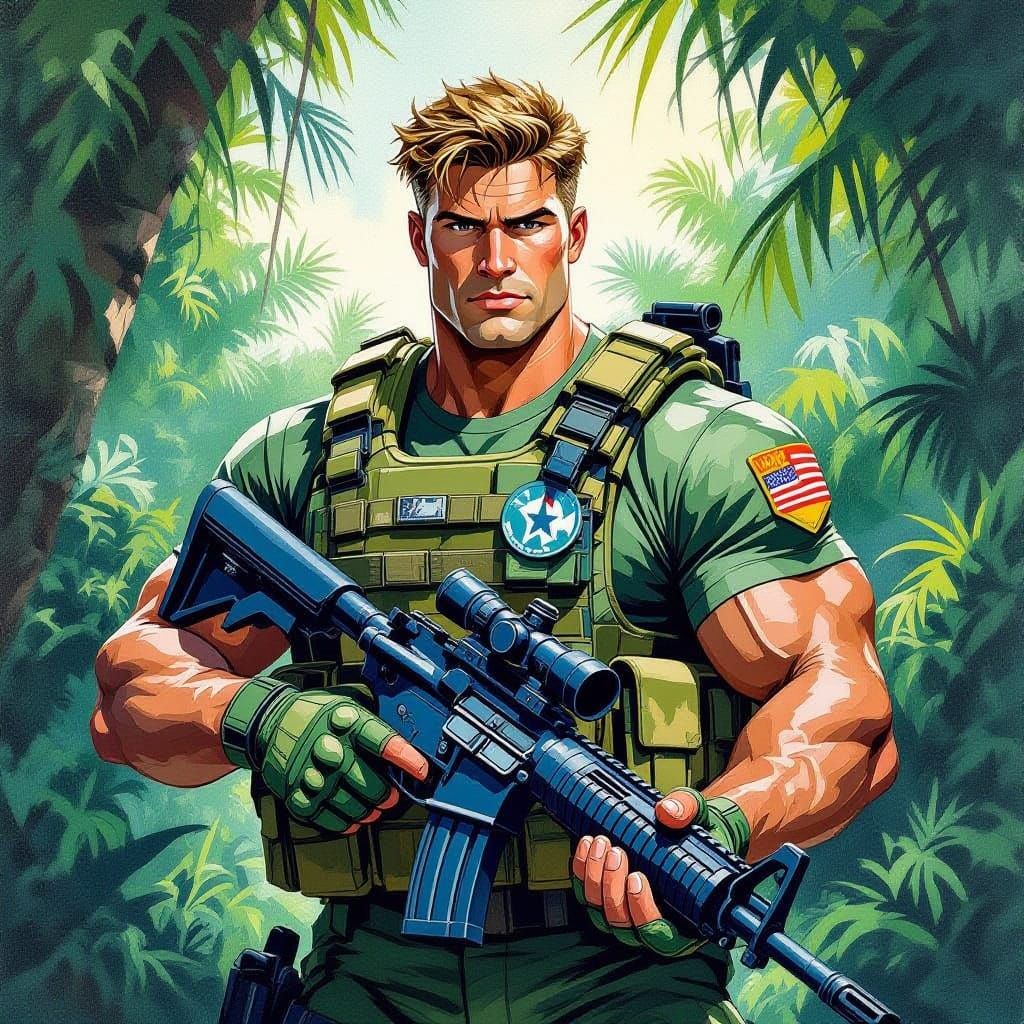 G.I. Joe Beach Head in Tropical Jungle Gouache Painting