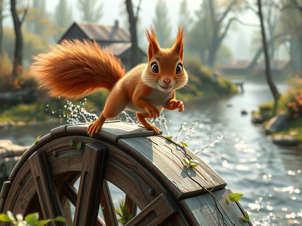 Pixar-Style Squirrel Runs on Water Wheel