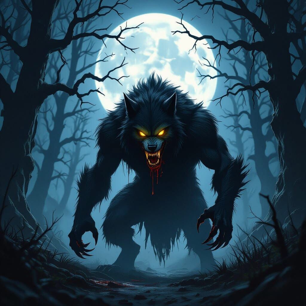 Terrifying Werewolf in Moonlit Forest with Yellow Eyes