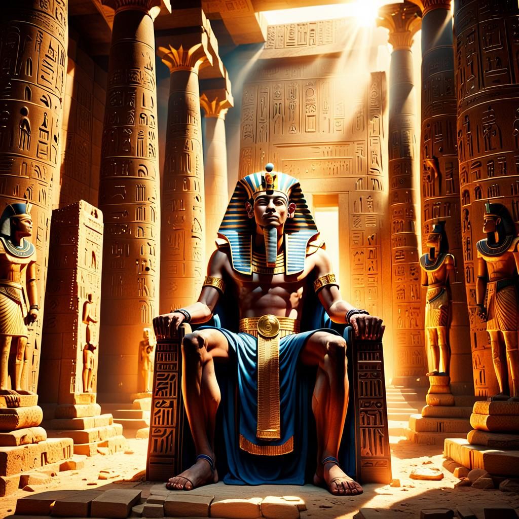 Egyptian Pharaoh in Ancient Temple at Golden Hour