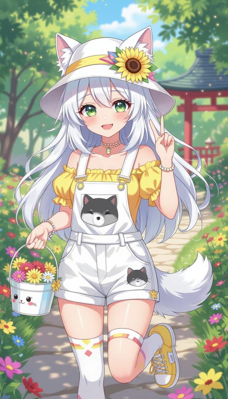 Kawaii Wolf Girl in Sunflower Garden with Teahouse