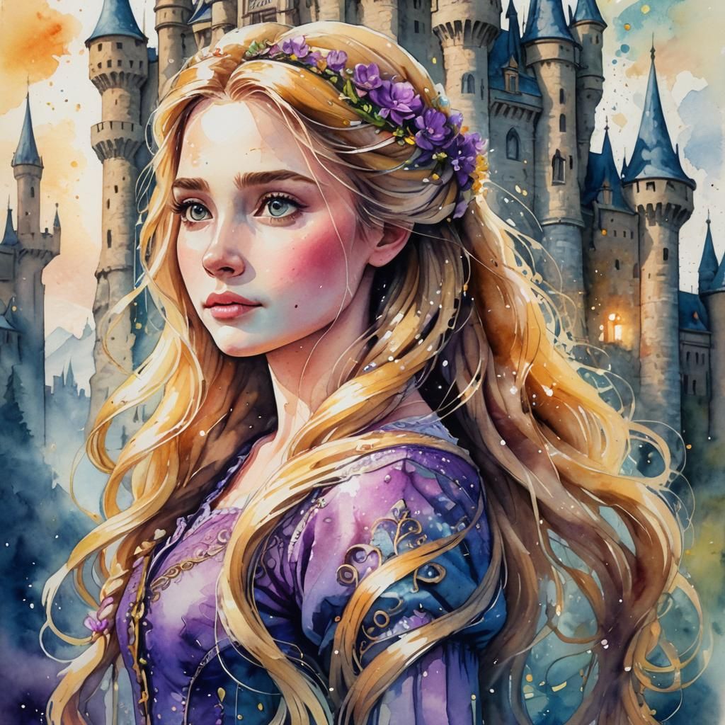 Detailed Watercolor Portrait of Rapunzel with Castle