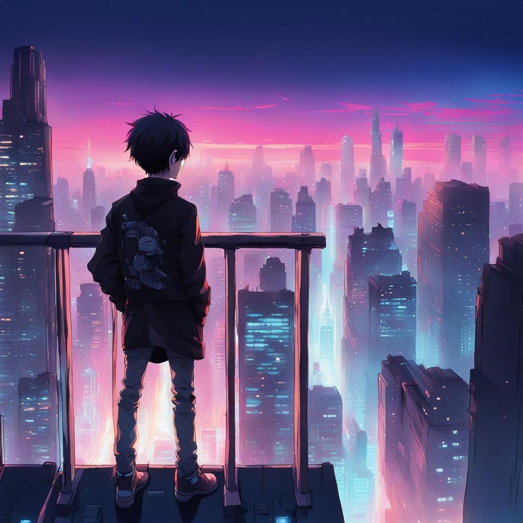 Anime Boy Overlooking Cyberpunk City at Night