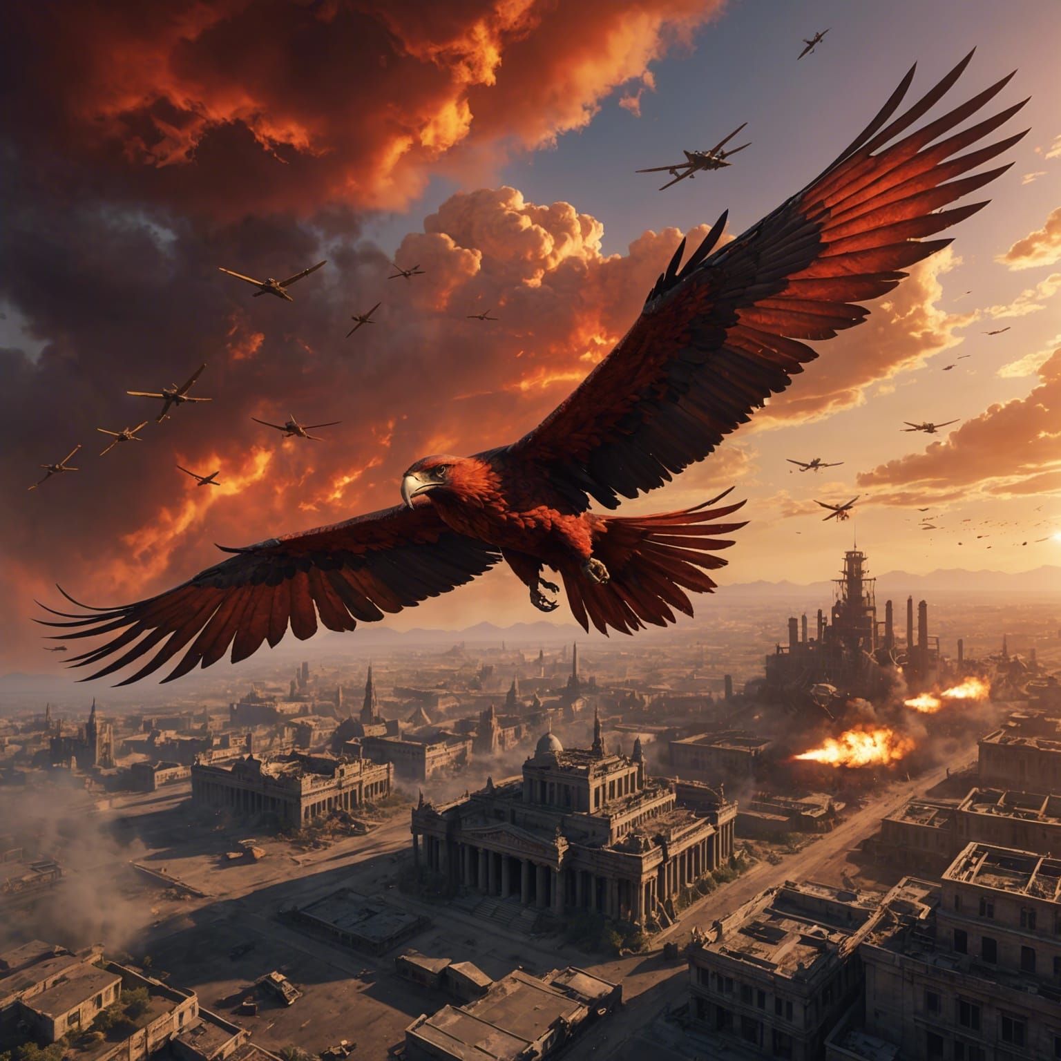 Fiery Phoenix Warbird Soaring Over Battlefield