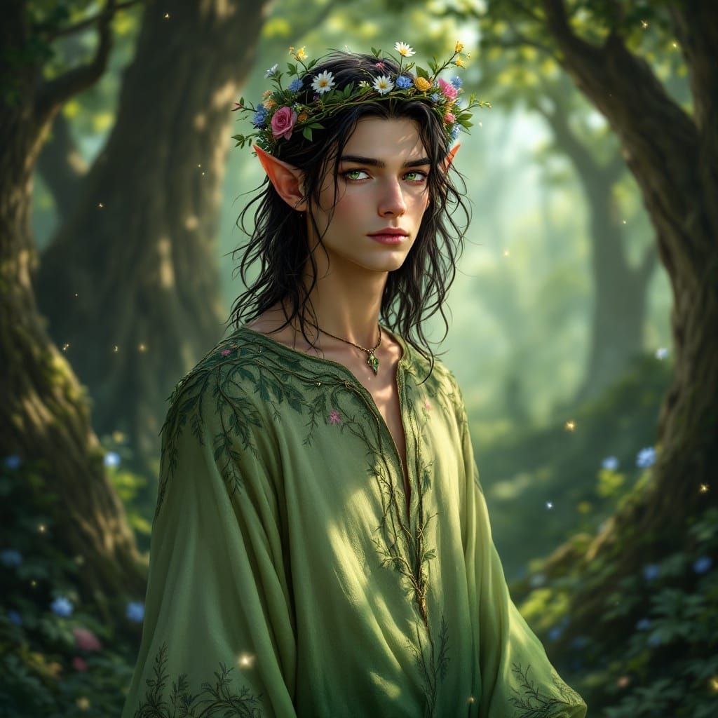 Ethereal Elven Prince in Whimsical Forest Landscape
