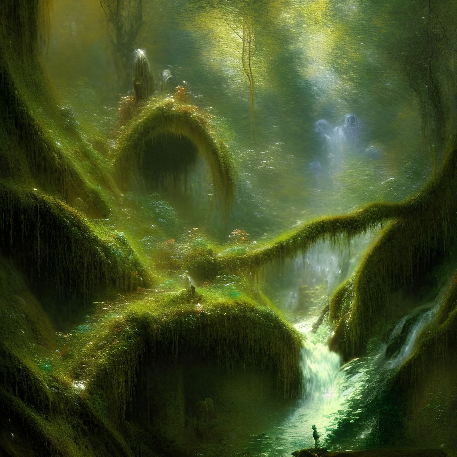 Lush Cliffside Waterfall with Ferns and Bird Nest