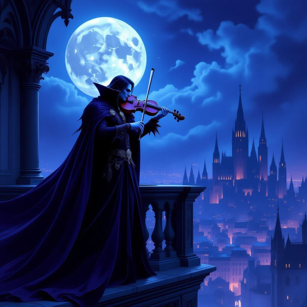 Vampire Lord Plays Violin on Gothic Balcony