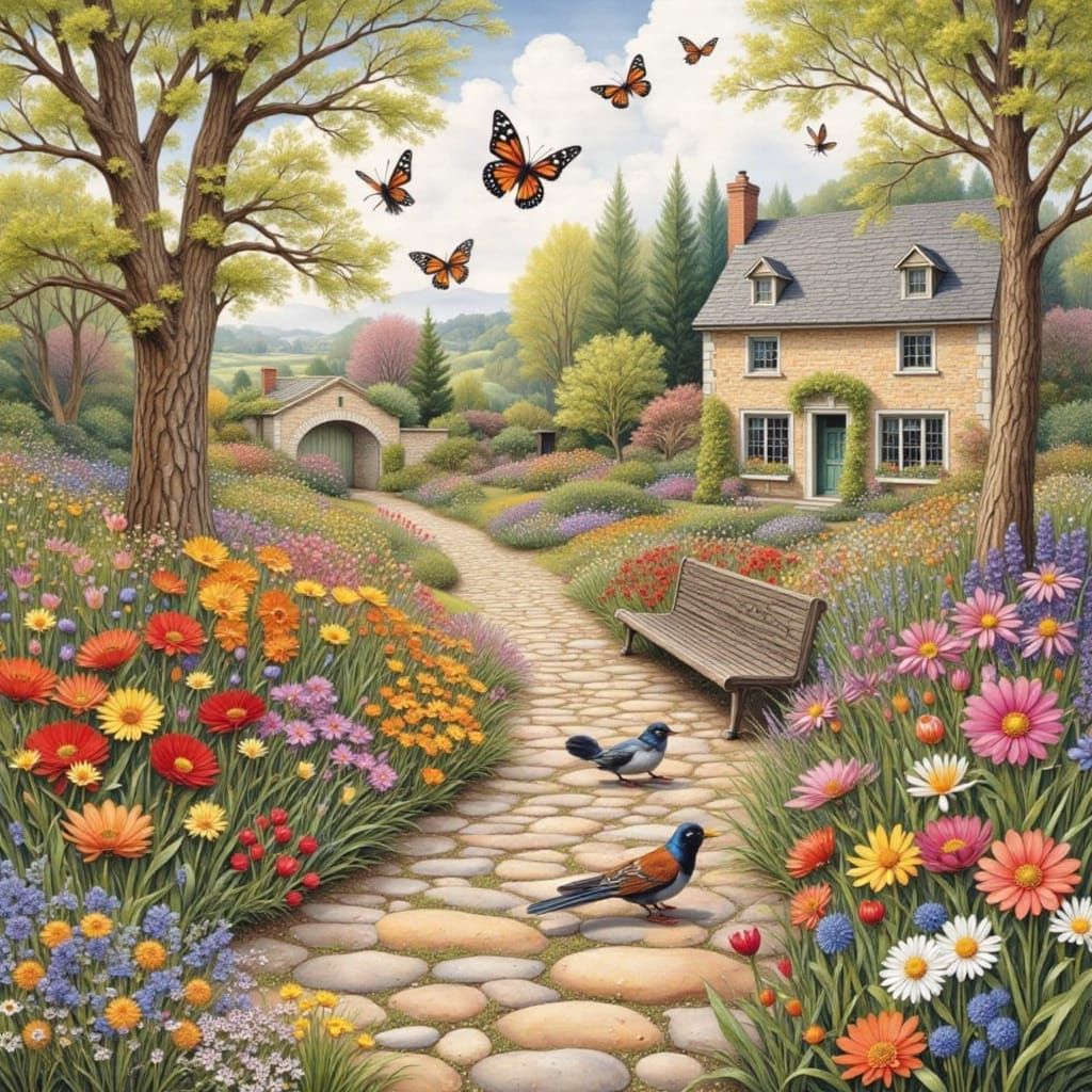 Springtime English Garden in Storybook Style with Impasto Go...