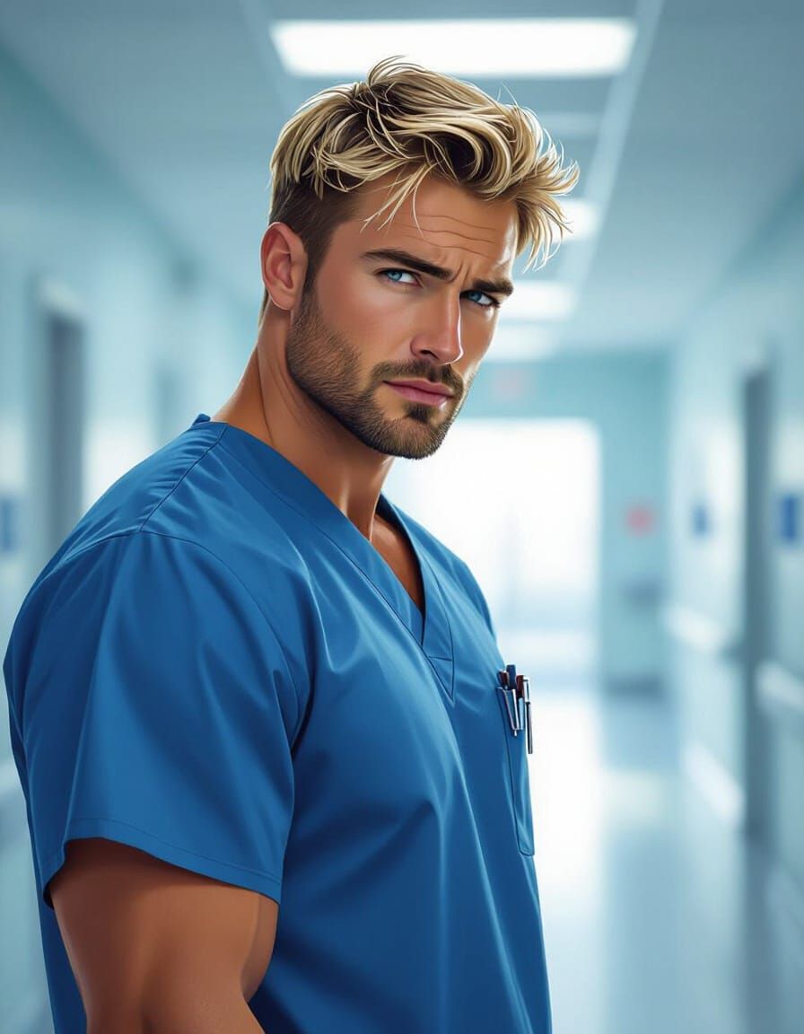 Muscular Blonde Doctor in Blue Scrubs Looks Tired