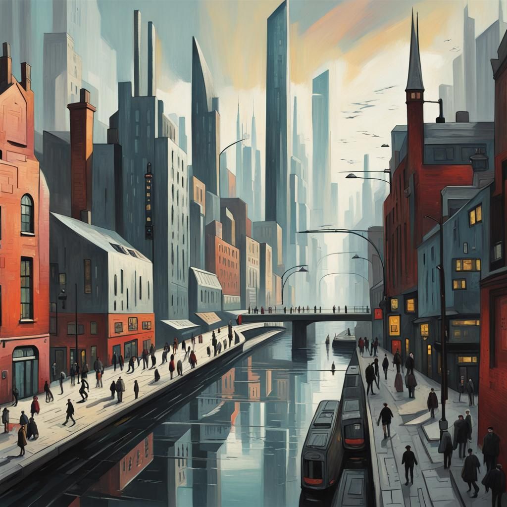 Futuristic City in L. S. Lowry Style