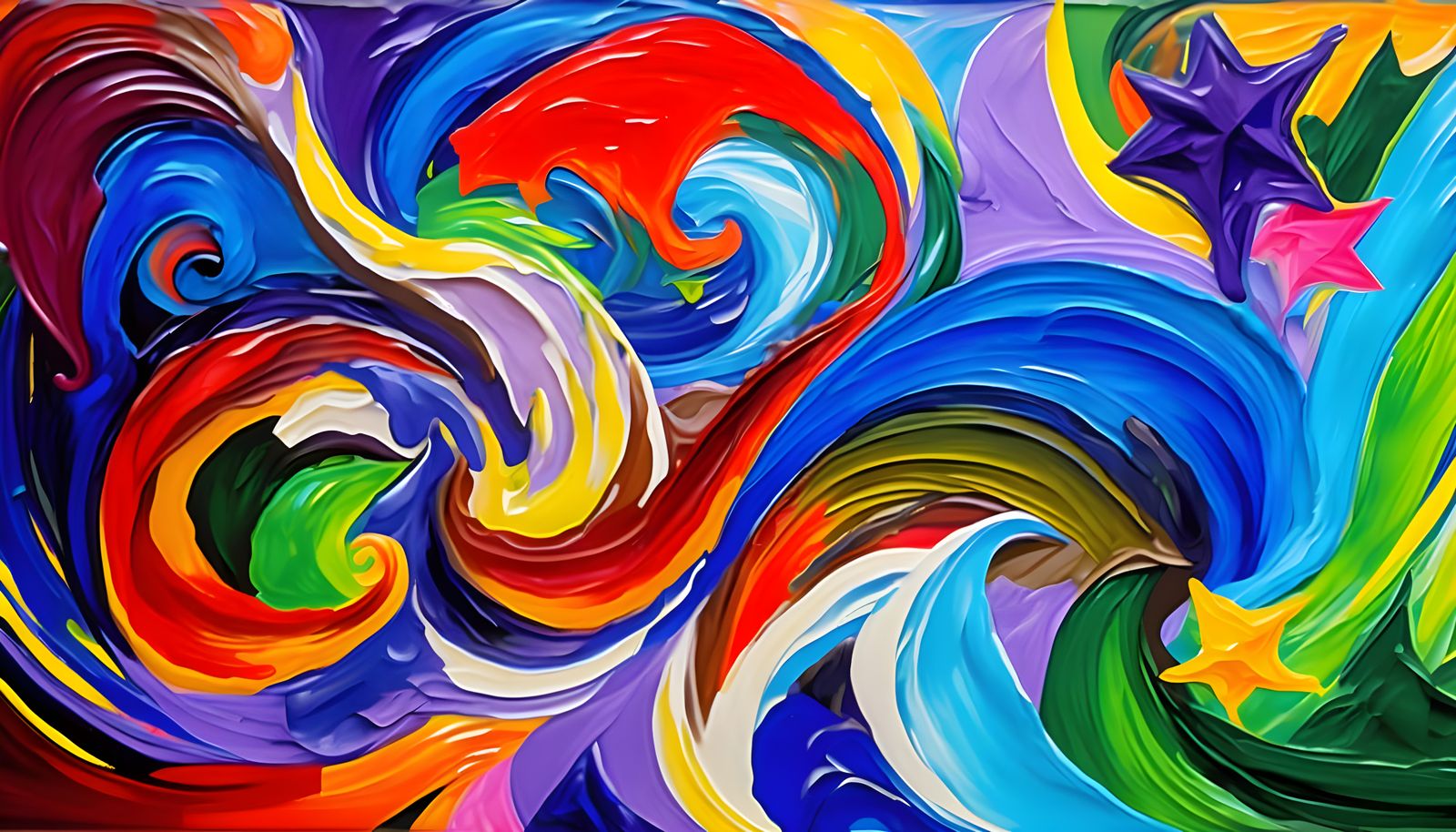 Abstract Impasto Painting with Swirling Colors and Stars