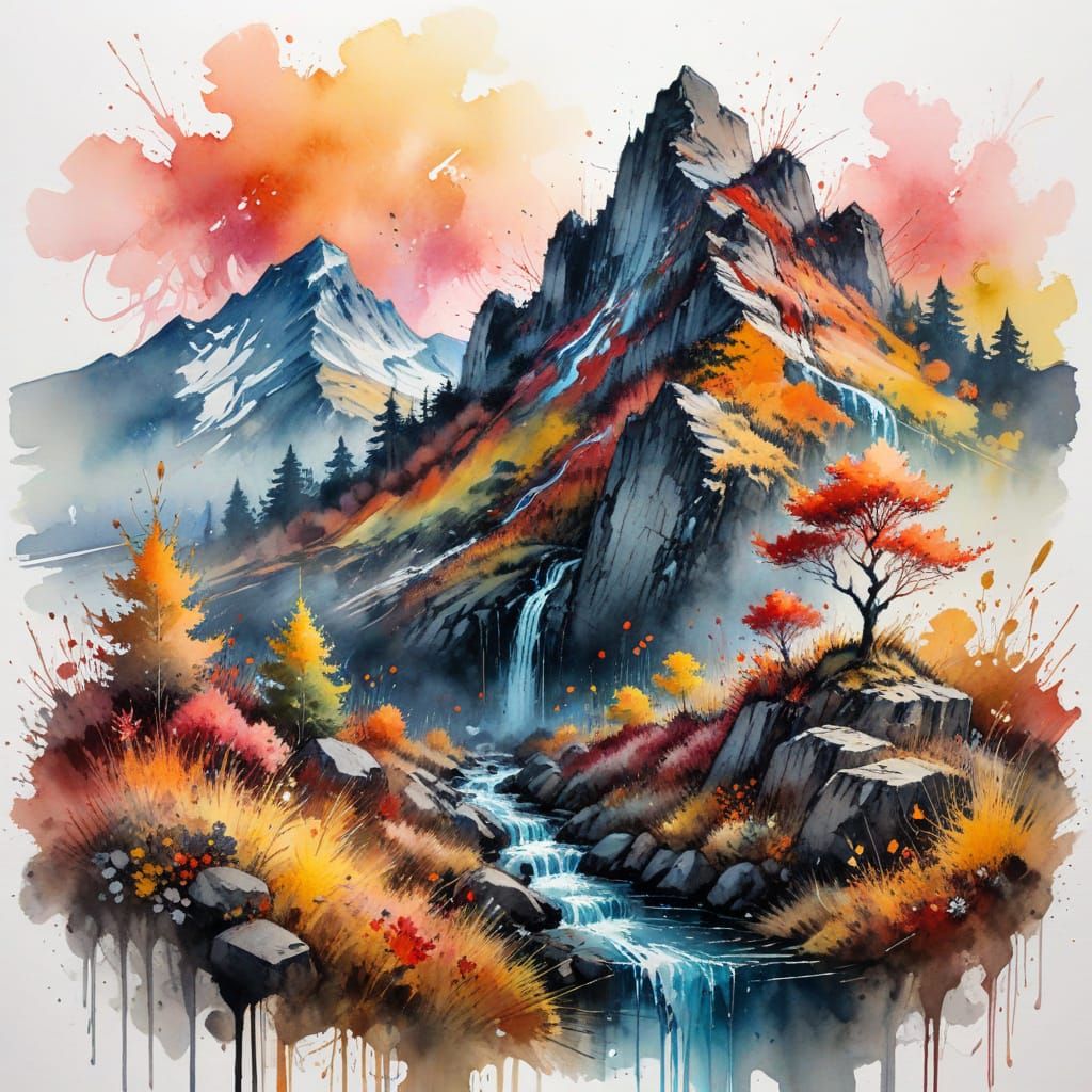 Vibrant Autumn Mountain Landscape in Watercolor Style