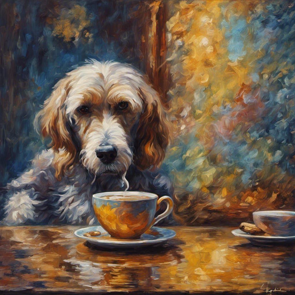 Dog Drinking Coffee as Impressionistic Art