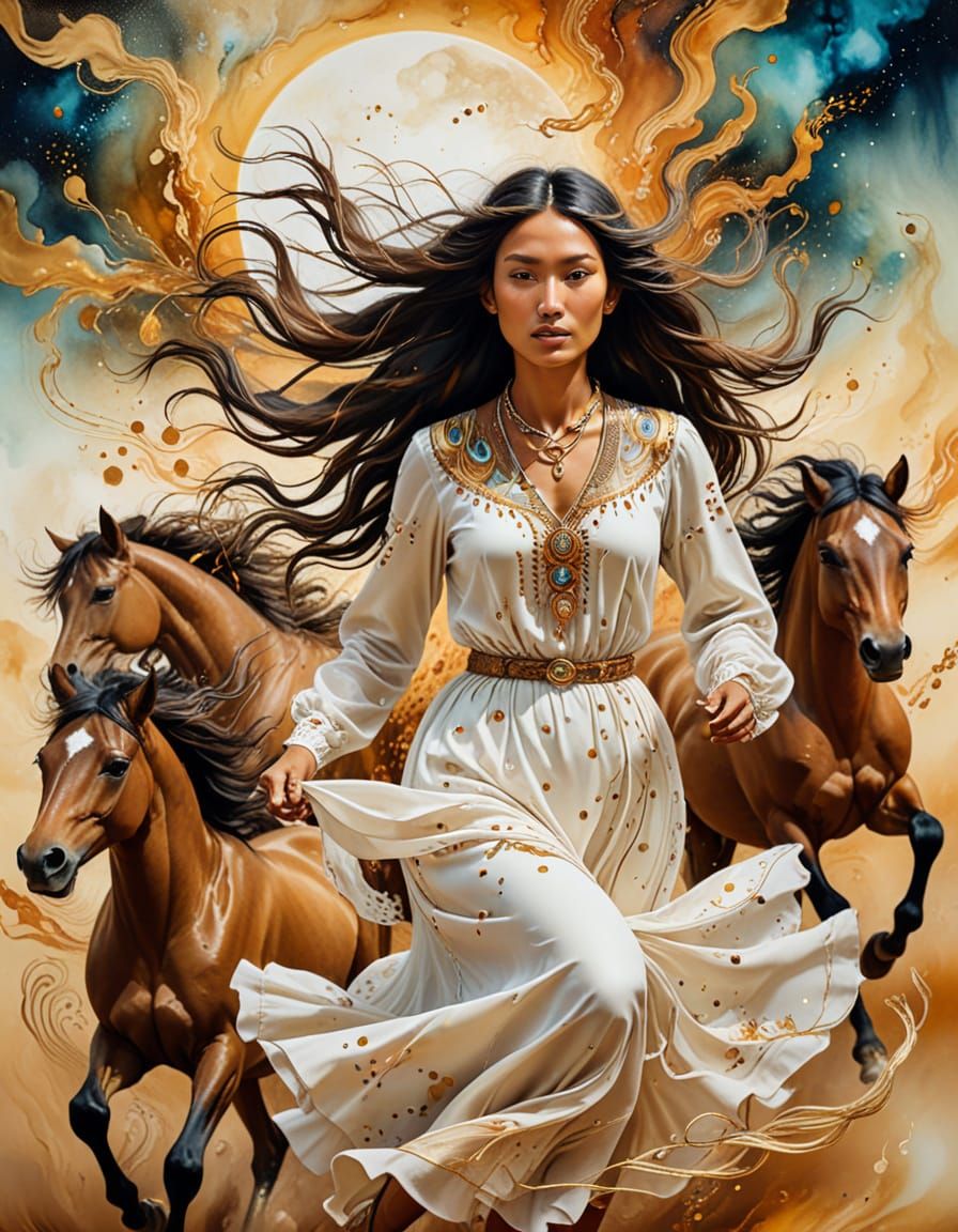 Native American Woman with Horses in Surrealist Painting
