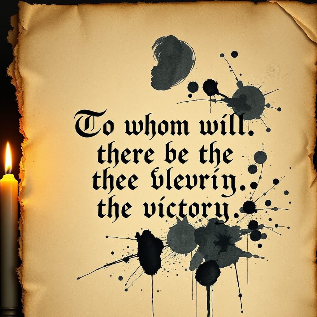 A medieval manuscript displaying the Shakespearean quote, 'To whom God will, there be the victory.' Surrounding the quot...