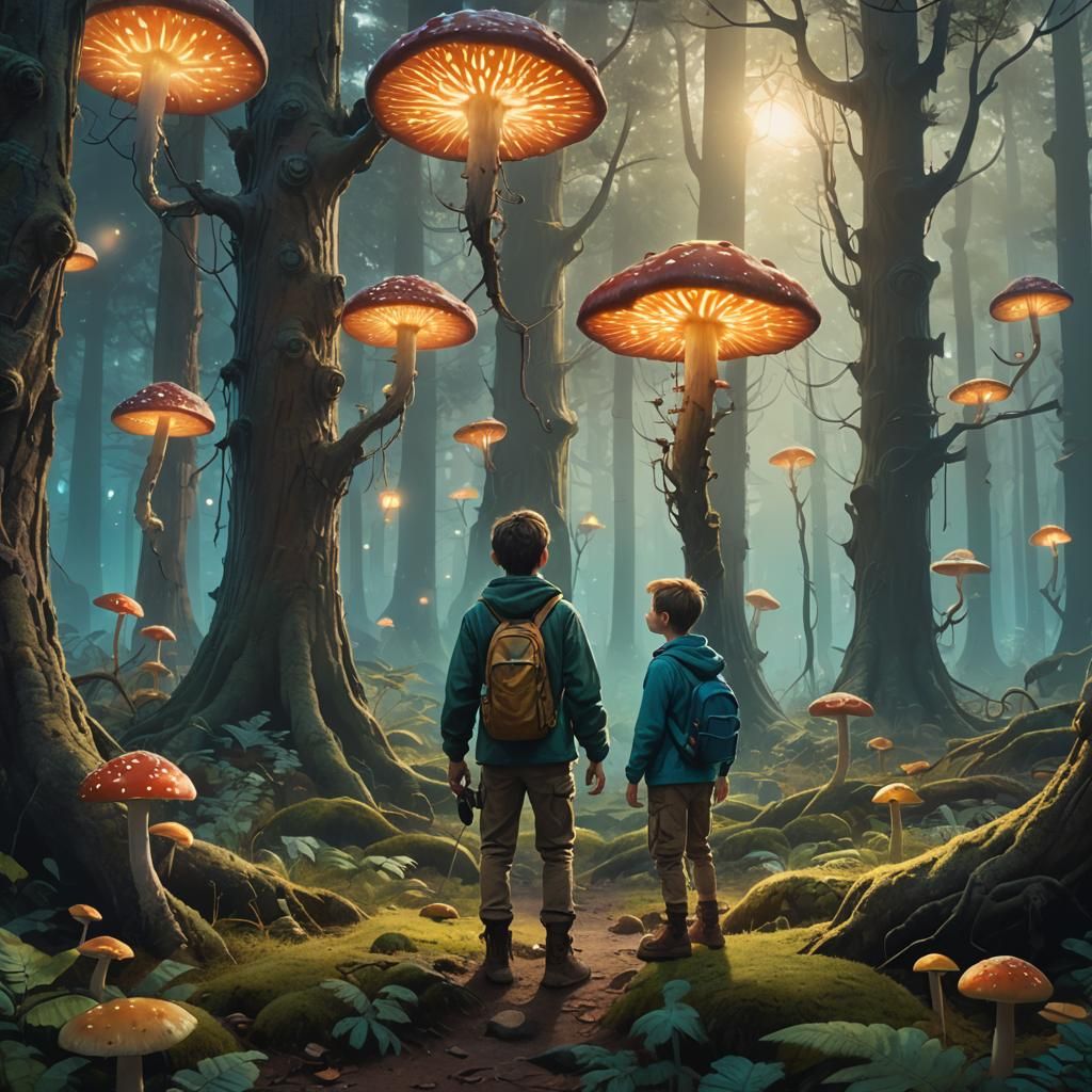 Boy and Mouse in Mystical Forest, Digital Art