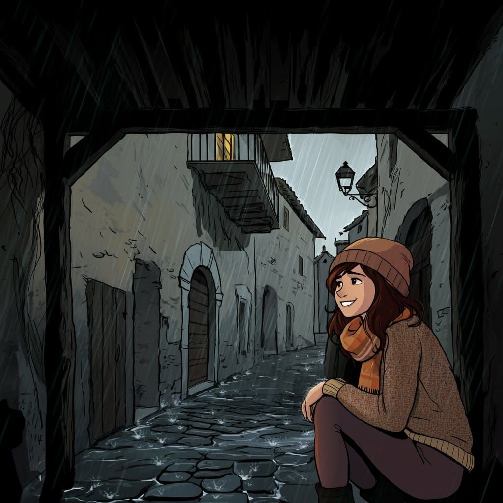 Woman Watching Rain in Autumnal Comic Style