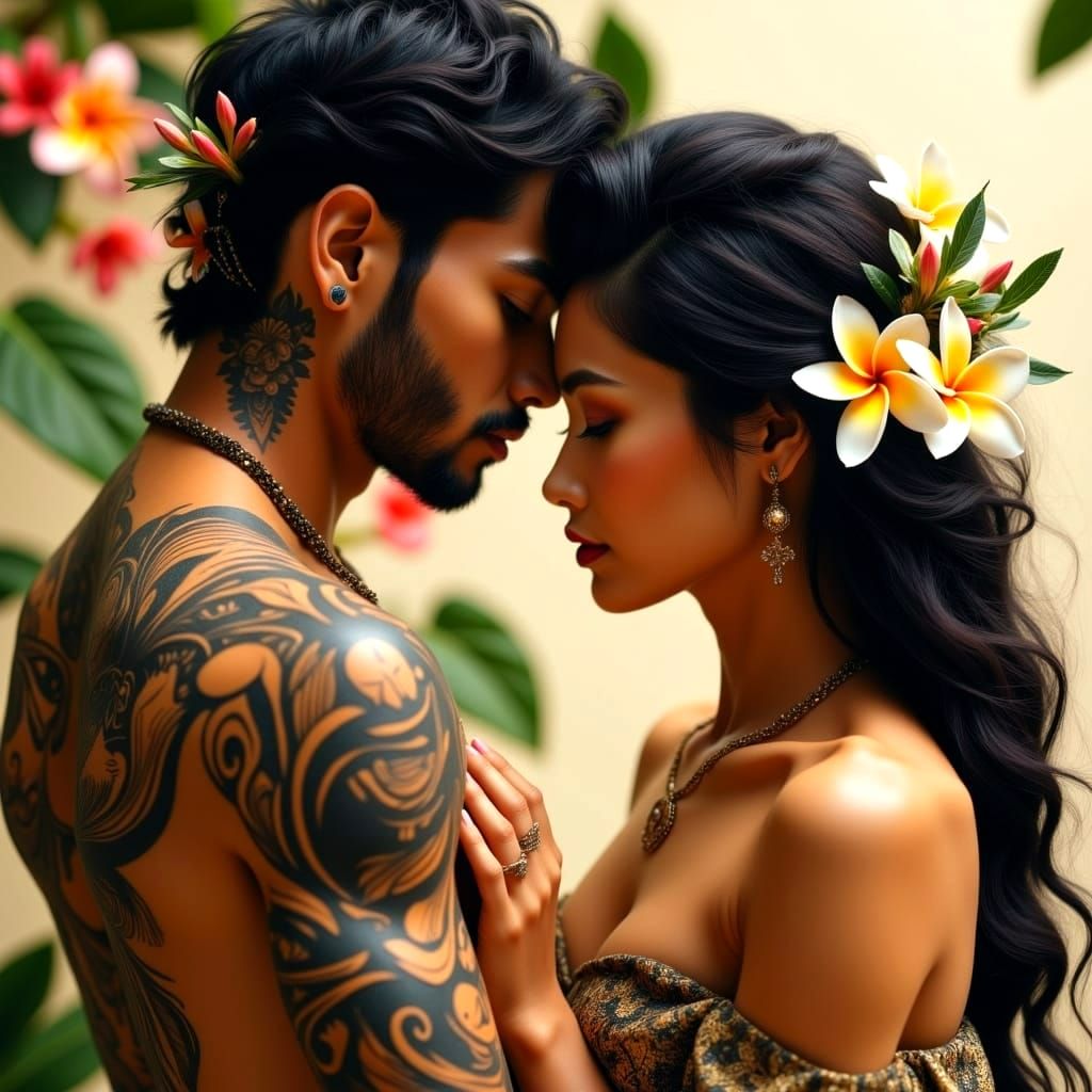 Sensual Polynesian Goddess with Frangipani Blooms in Her Hai...