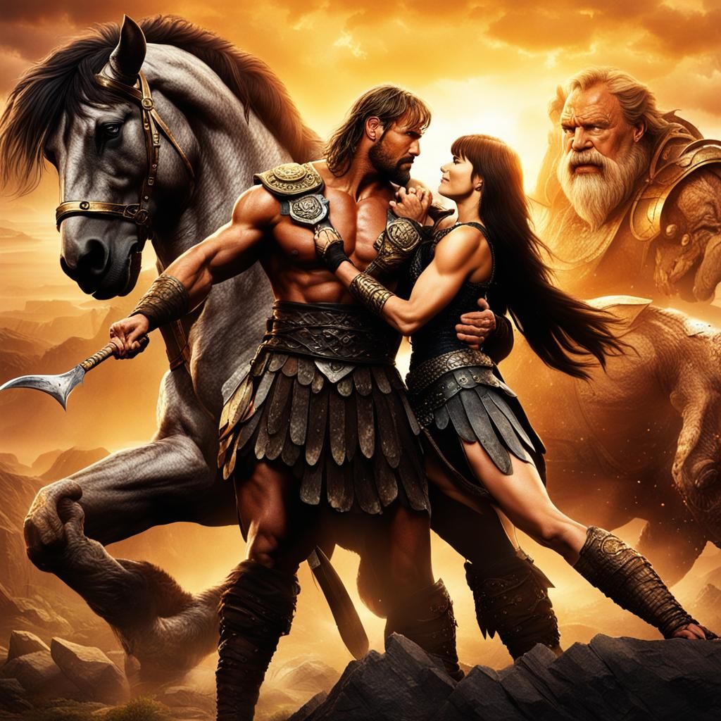 Xena meets Hercules 4K, dynamic, Mythological, cinematic