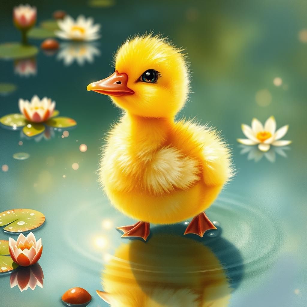 Whimsical Duckling by Pond in Watercolor Style