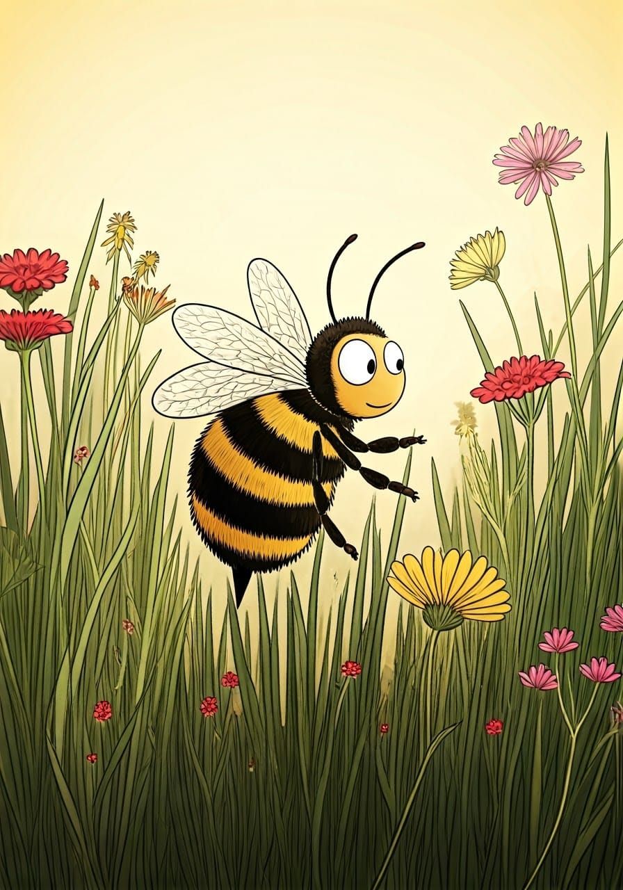 Bee and Wild Flowers in Cartoon Style
