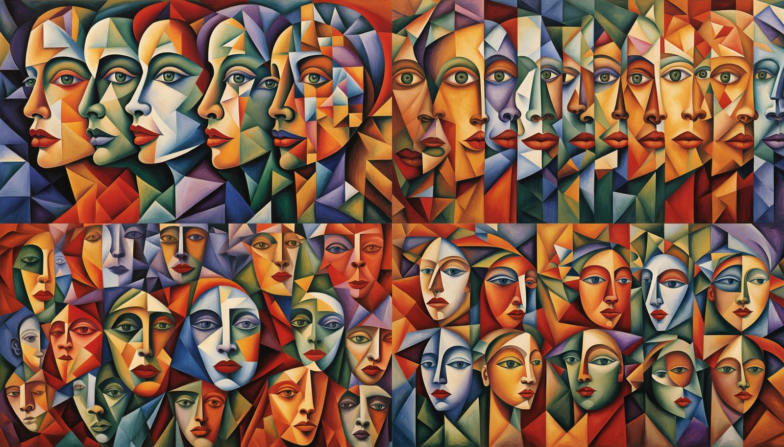 Cubist Portrait Radiating Women in Colorful Painting