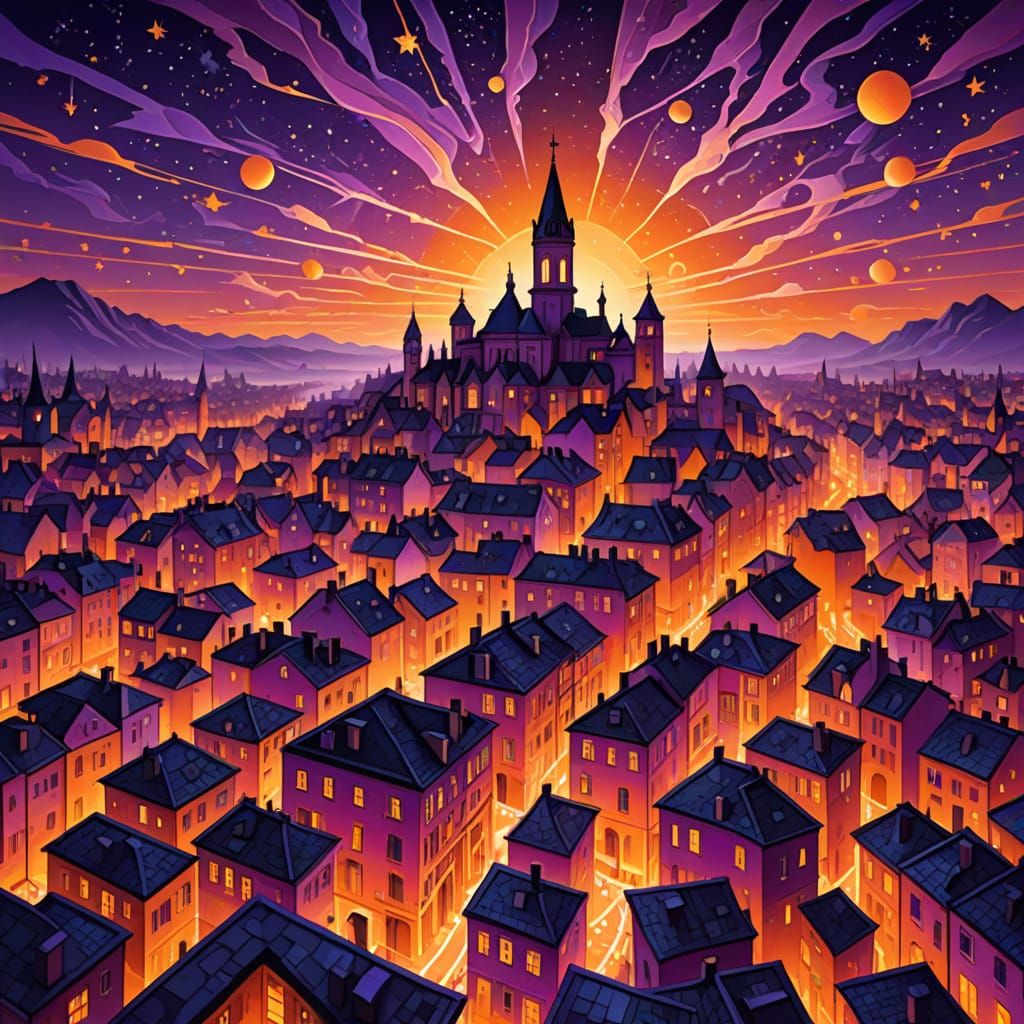 Fantastical Cityscape at Dusk With Geometric Patterns